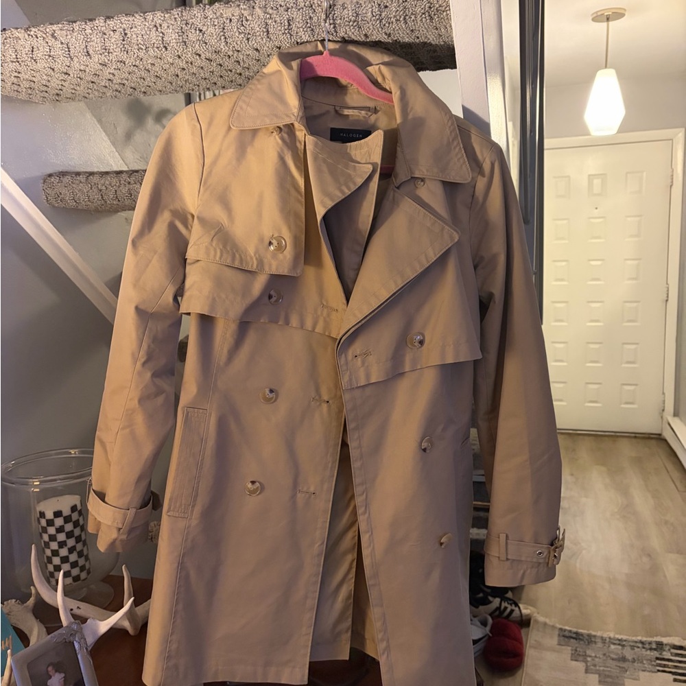 Halogen Beige Double-Breasted Trench Coat women’s